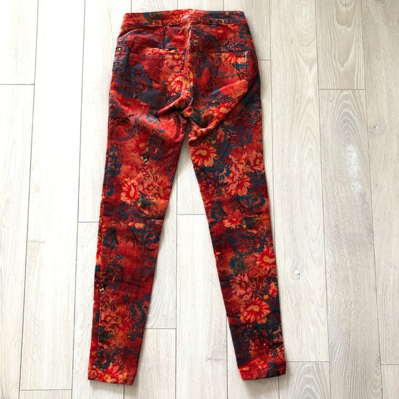 Free People Orange Lennon Funkytown Floral Velvet Skinny Pants Size 0 - Picture 3 of 14